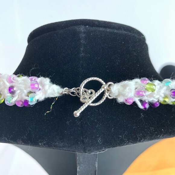 Crochet Yarn Colorful Beaded Bib Necklace White Purple Unique Statement - Picture 4 of 7